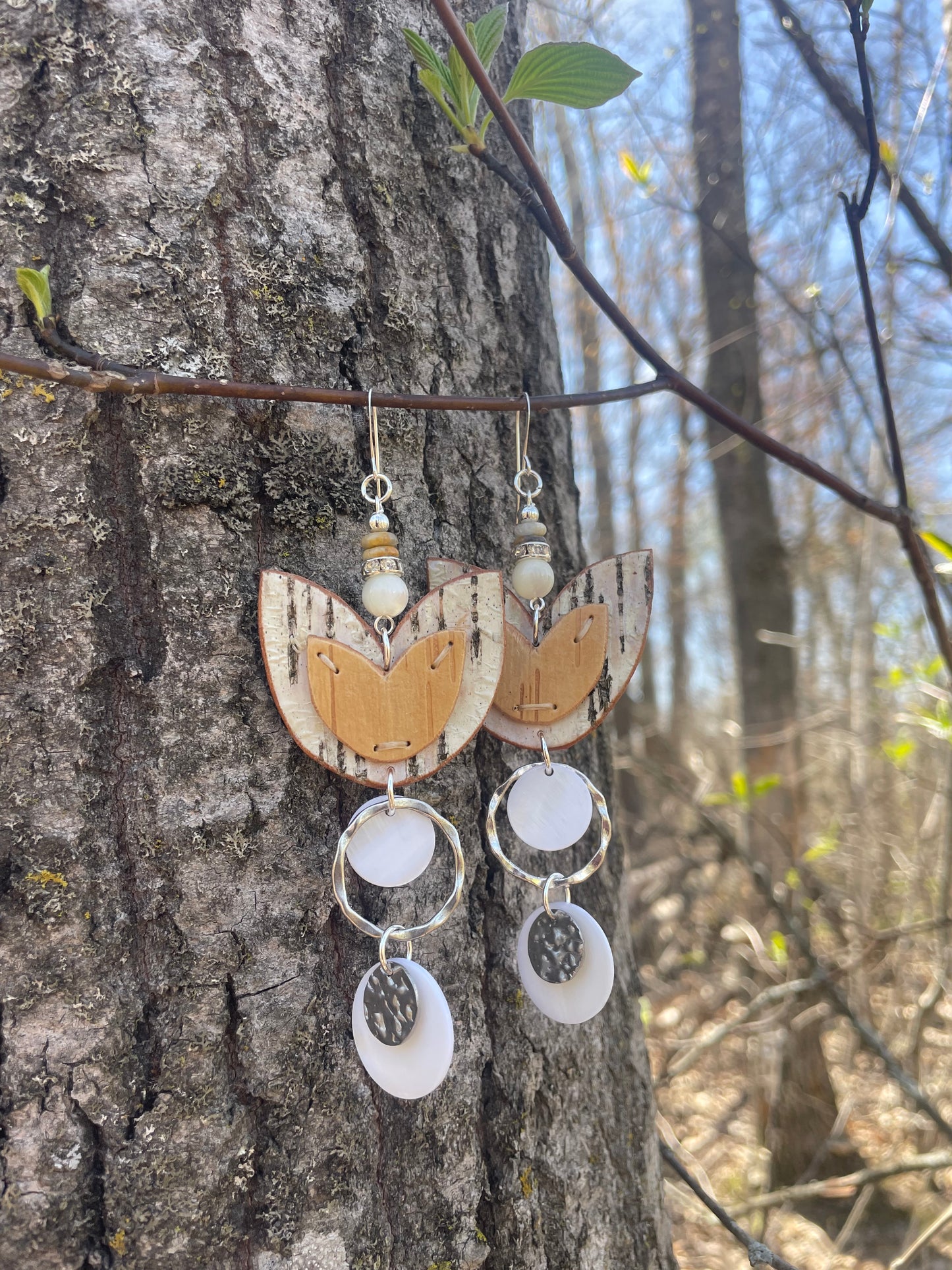 Birchbark Layered Floral Earrings with Mother of Pearl and Shell