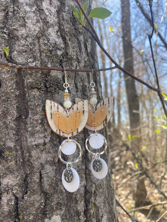 Birchbark Layered Floral Earrings with Mother of Pearl and Shell