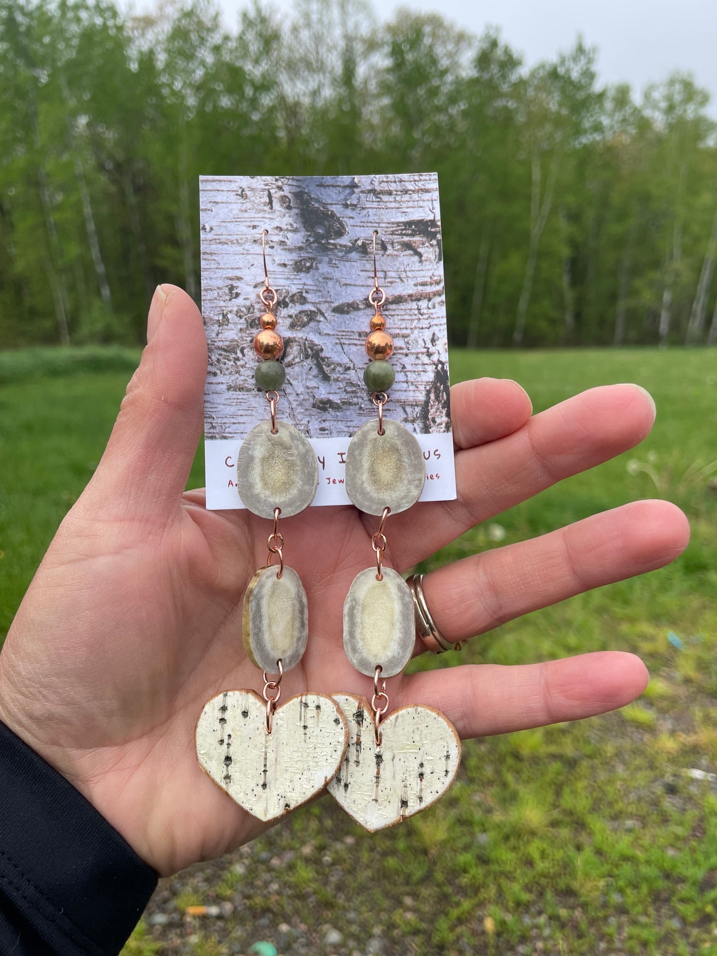 Waawaashkeshi Deer Antler Earrings with Birchbark Hearts