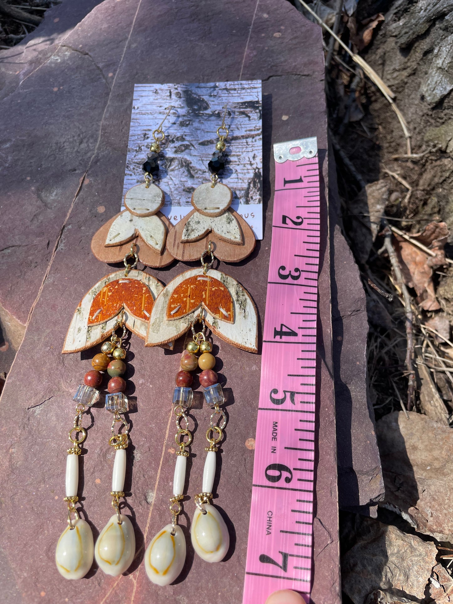 Smoky Quartz Birchbark Appliqué Woodland Floral Earrings