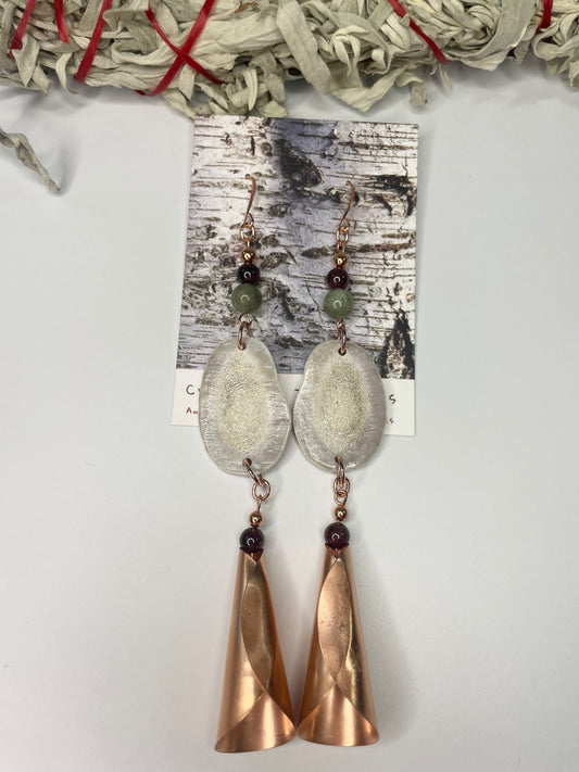 Waawaashkeshi Deer Antler Earrings with Kyanite, Garnet, and Copper Jingles