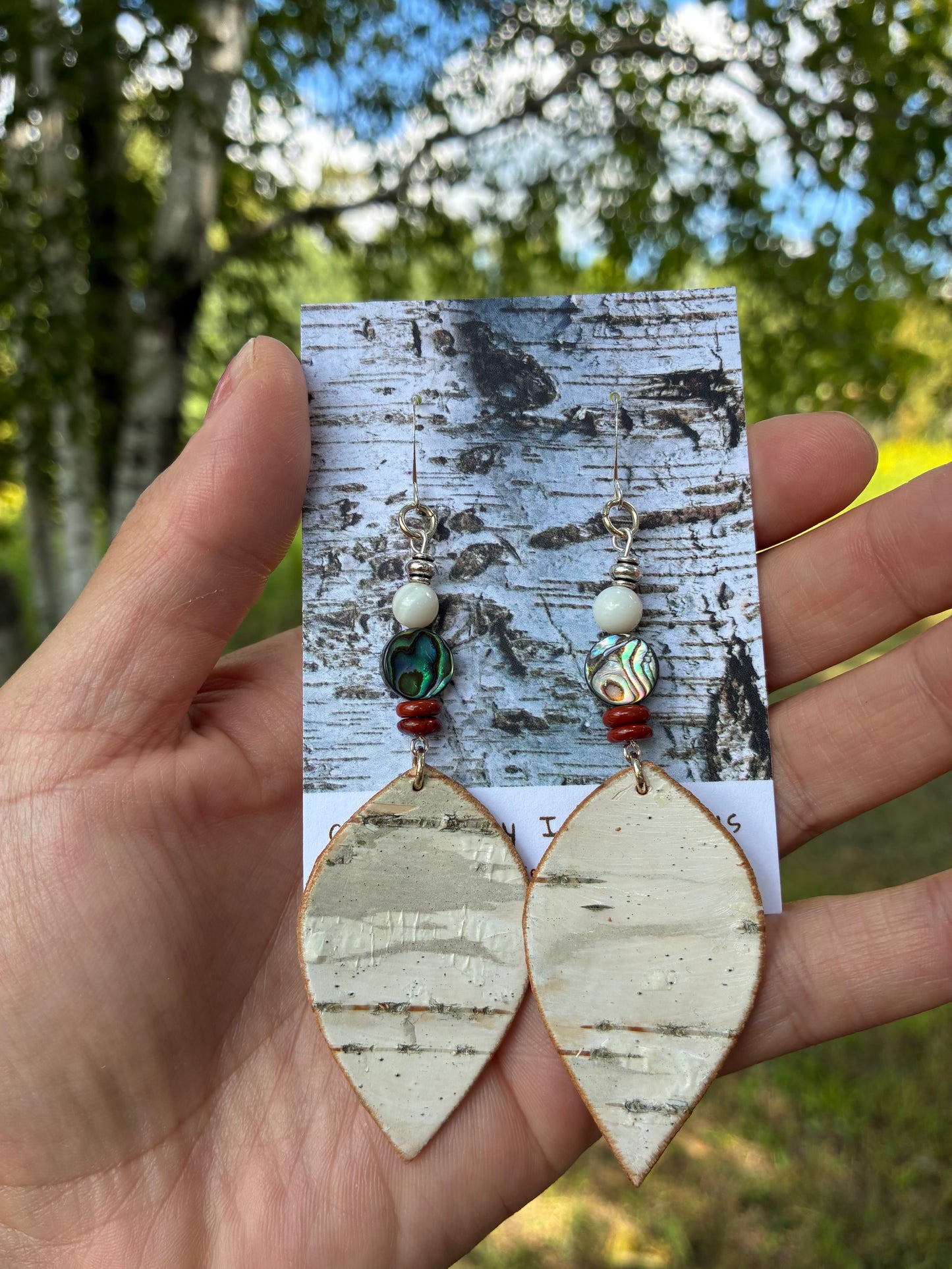 Birchbark Earrings with Abalone and Red Jasper