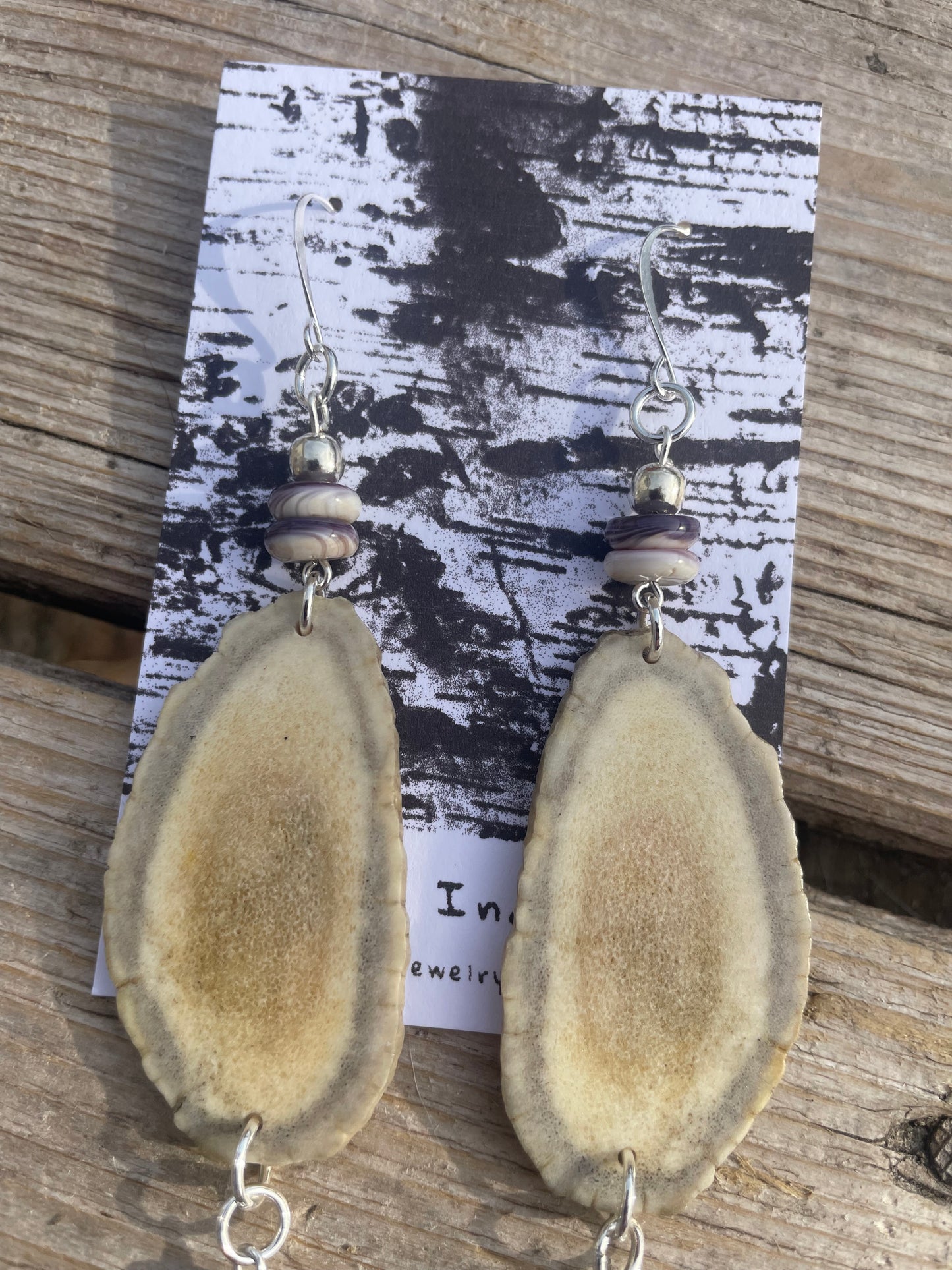 Waawaashkeshi Deer Antler Earrings with Wampum and Jingles