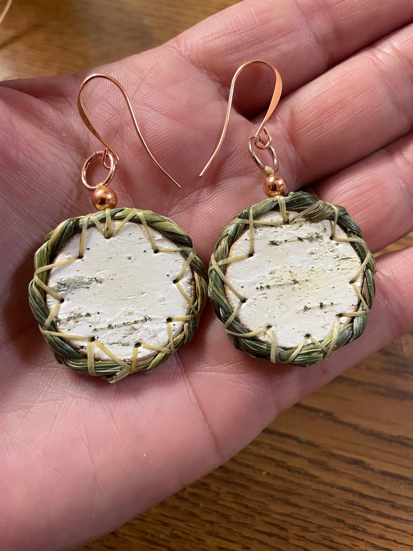 Wiigwaas and Wiingashk Birchbark and Braided Sweet Grass Earrings