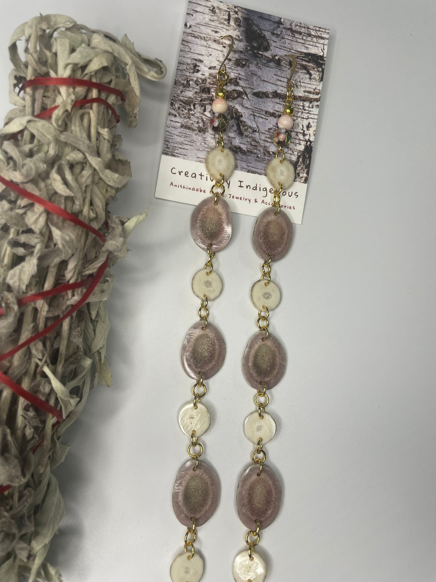 10 inch Waawaashkeshi-Bimikawaan Earrings with Pink Conch Shell