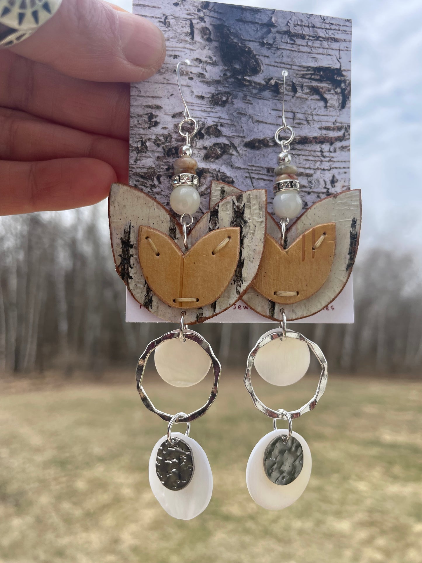 Birchbark Layered Floral Earrings with Mother of Pearl and Shell