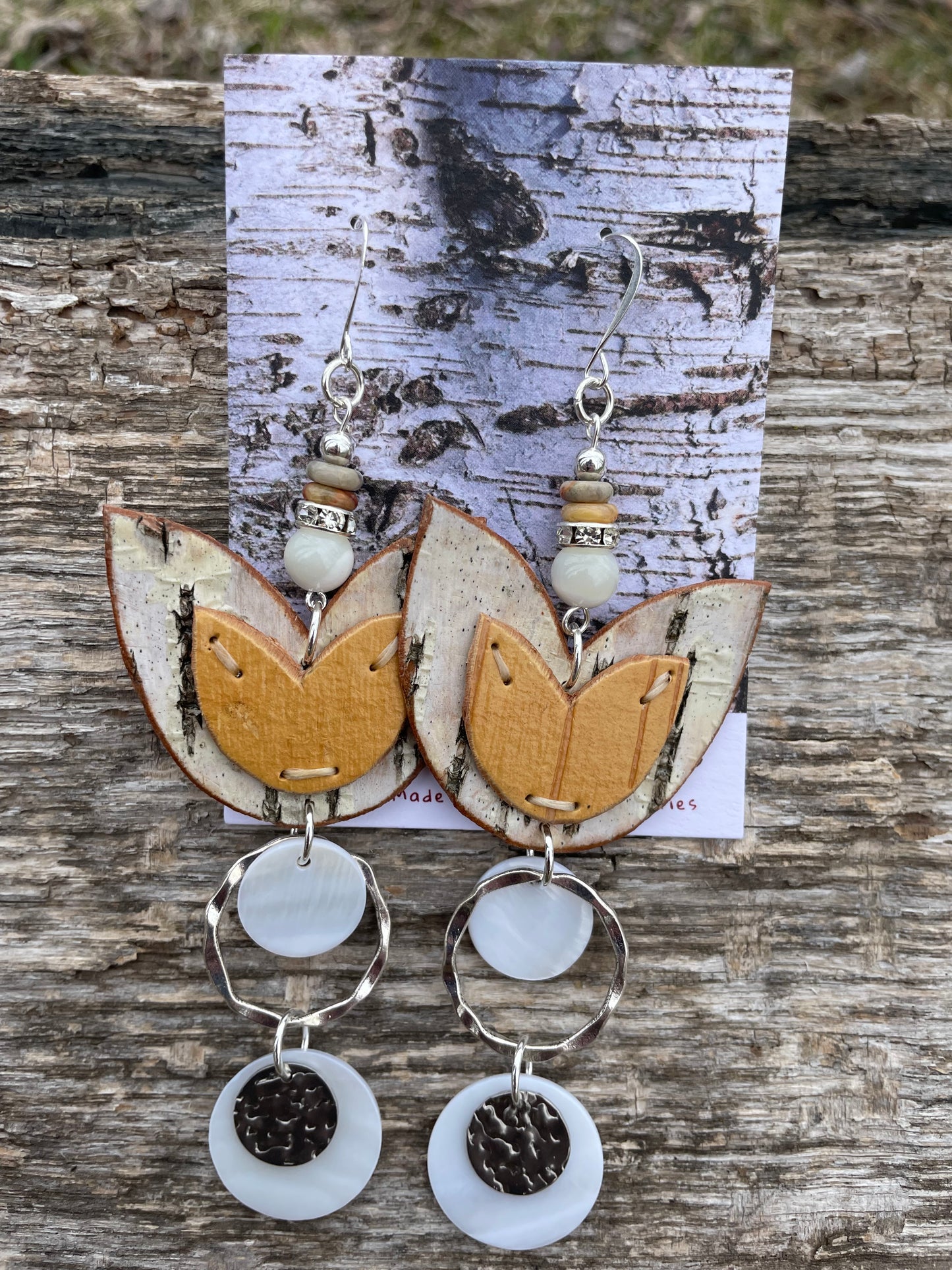 Birchbark Layered Floral Earrings with Mother of Pearl and Shell