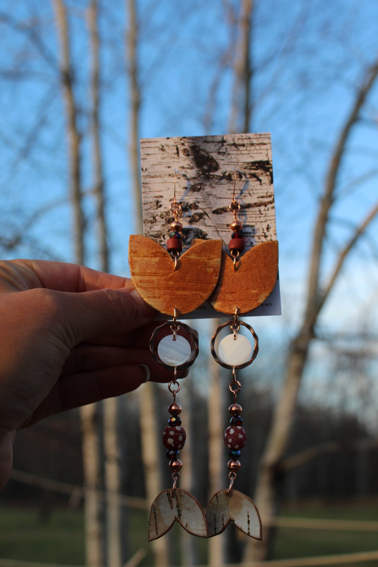 Antique Red Skunk and Green Heart Trade Beads with Shell and Birchbark Earrings