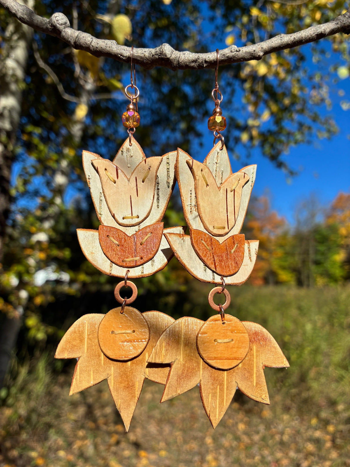 Floral Woodland Appliqué Cutout Birchbark Earrings