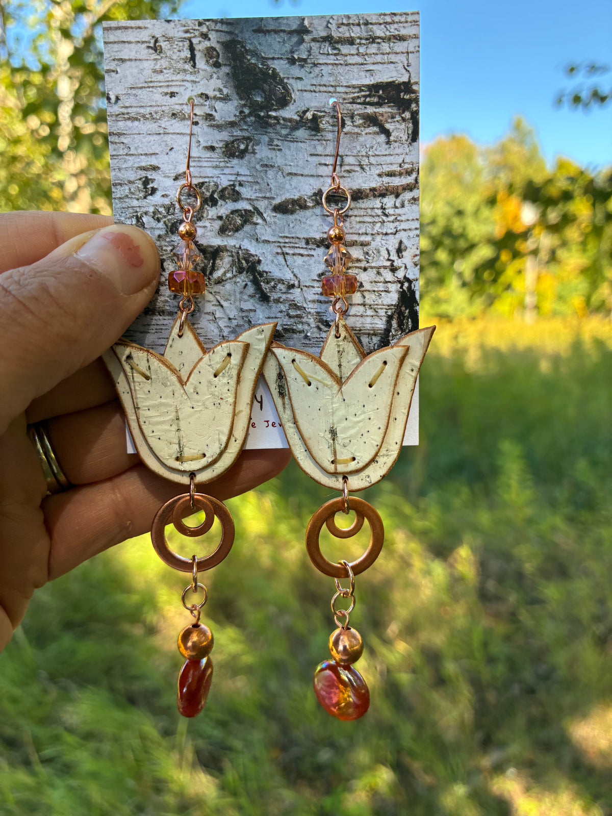 Appliqué Birchbark Floral Earrings with Copper, Swarovski and Polished Agate
