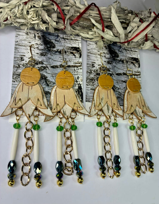 Appliqué Birchbark Floral Earrings with Bone Hairpipe and Glass Beads