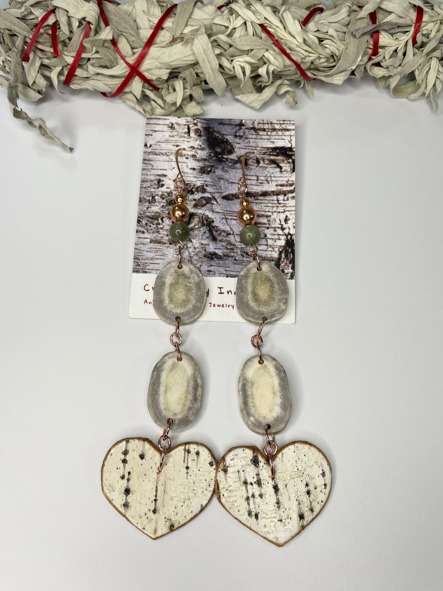 Waawaashkeshi Deer Antler Earrings with Birchbark Hearts
