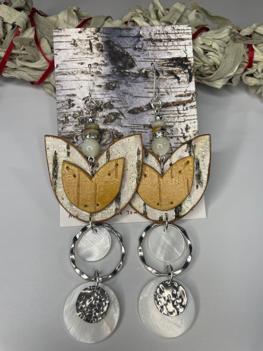 Birchbark Layered Floral Earrings with Mother of Pearl and Shell