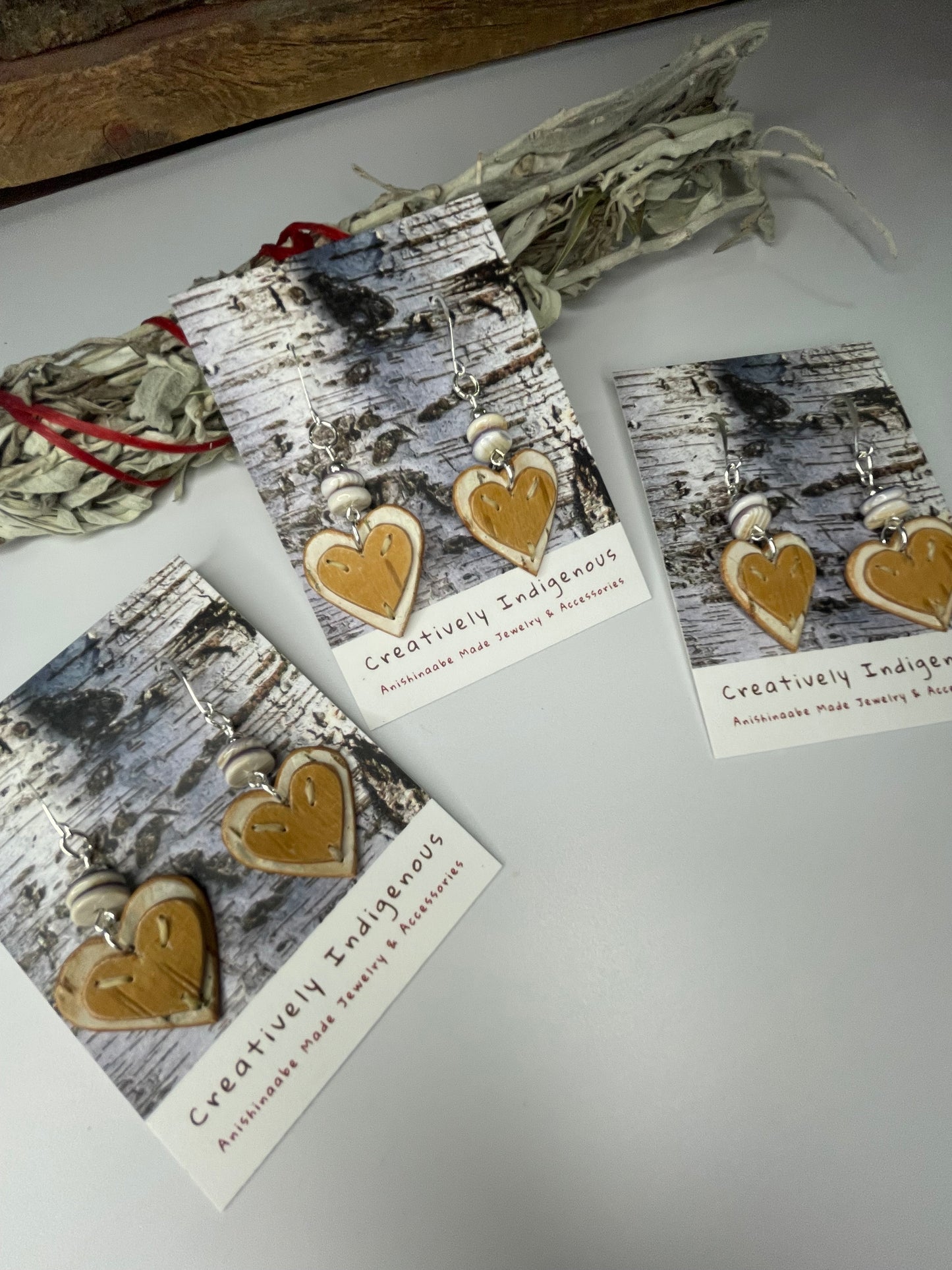 Small Appliqué Heart Birchbark Earrings with Wampum