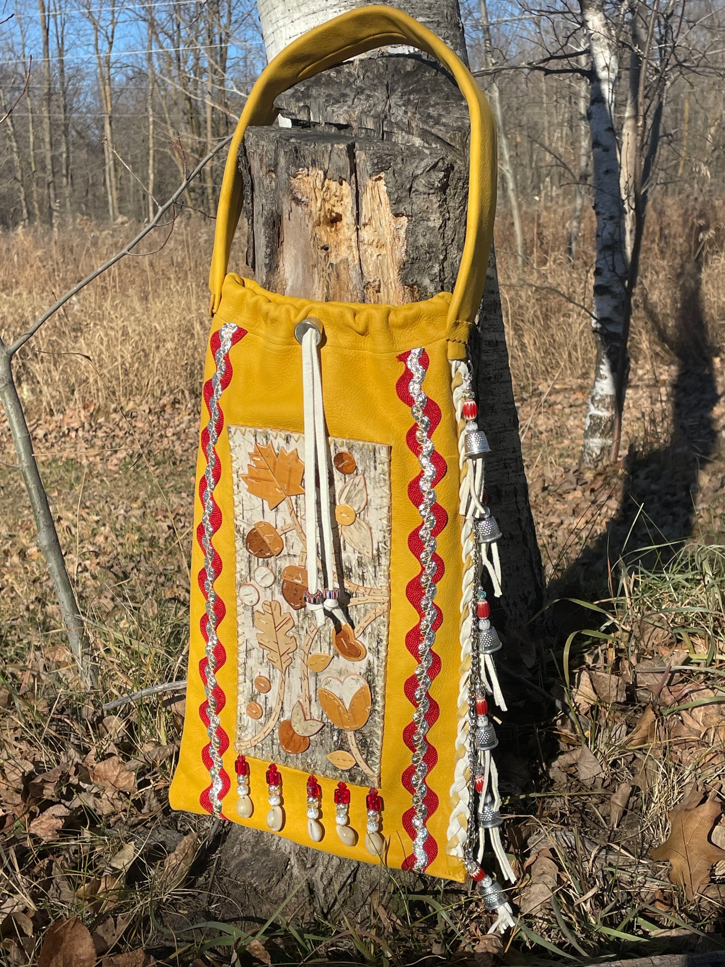 Woodland Floral Birchbark Appliqué and Buckskin Pipe Bag