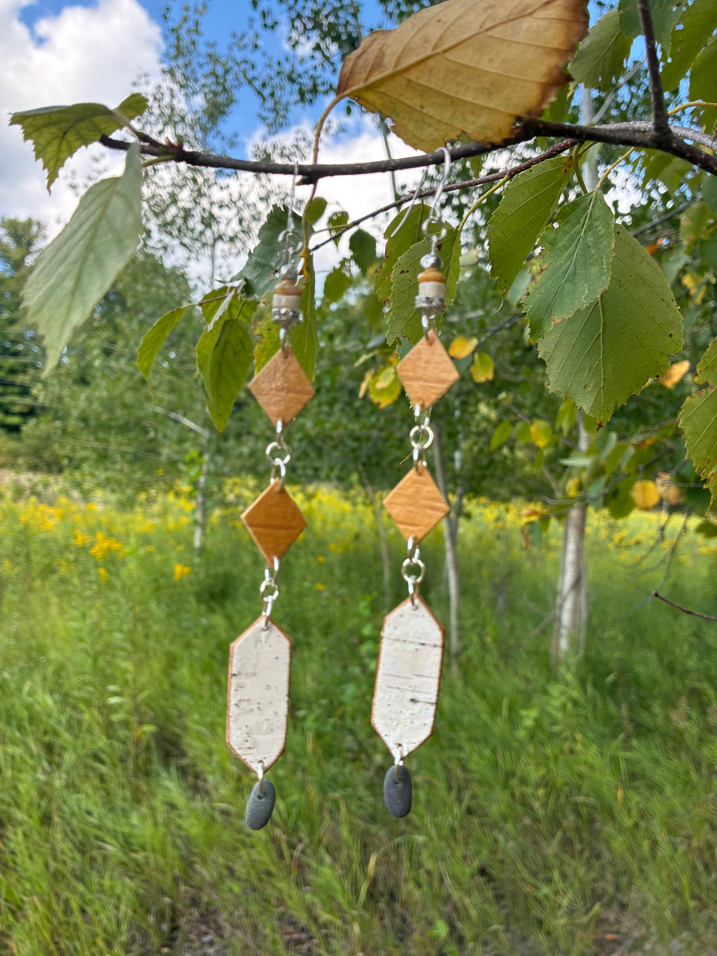 Nigig Otter Track Birchbark Earrings with Opal and Basalt