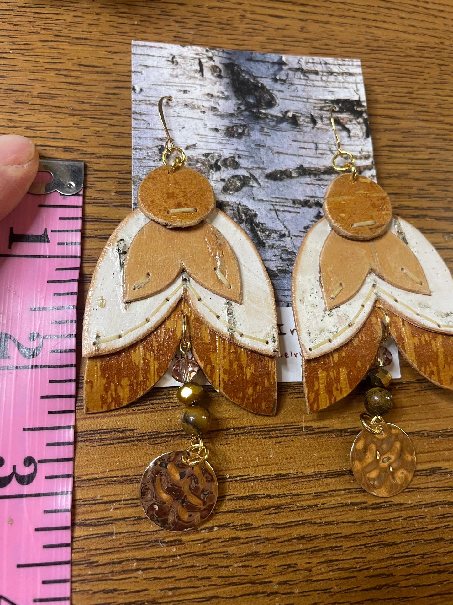 Appliqué Floral Birchbark Earrings with Tiger’s Eye