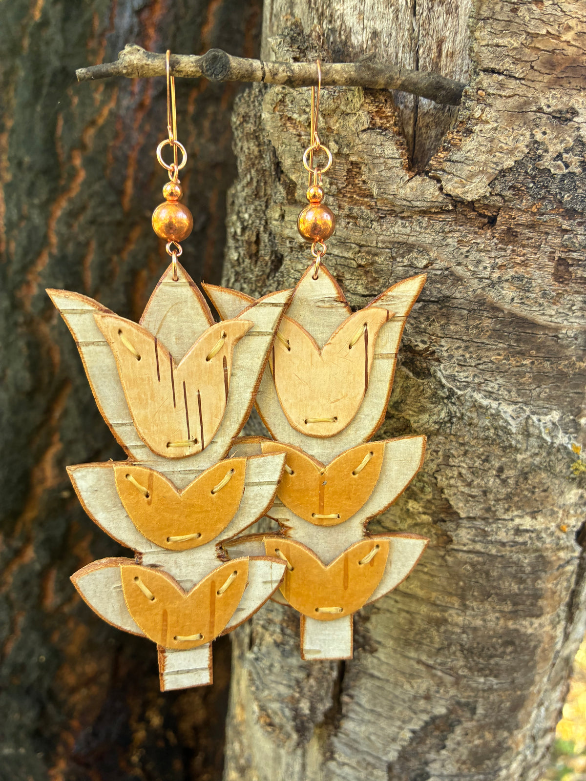 Floral Woodland Appliqué Cutout Birchbark Earrings