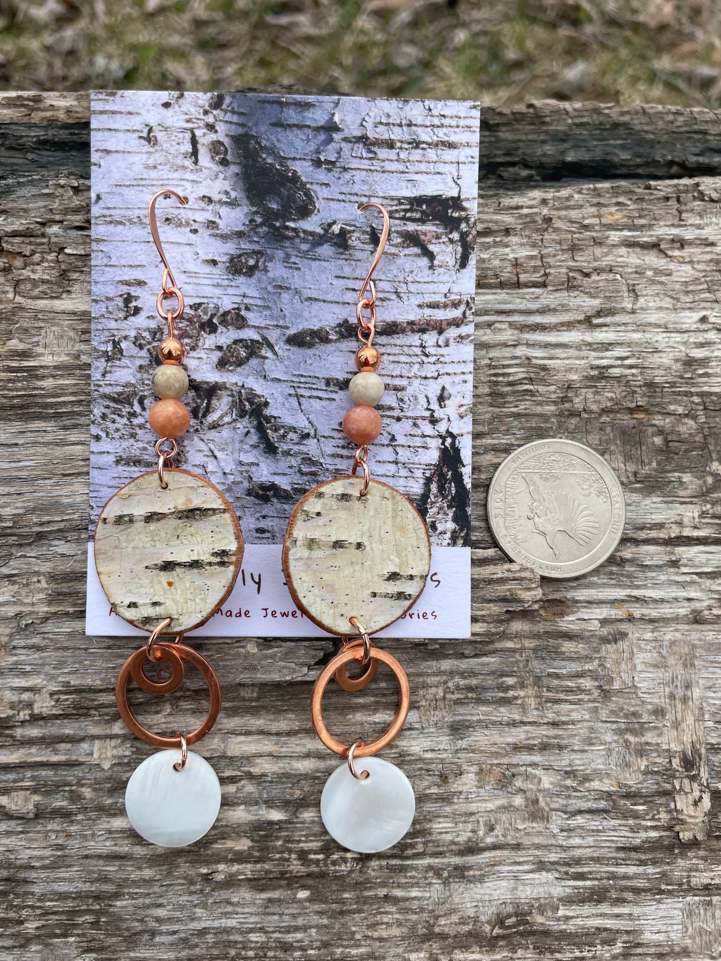 Birchbark Earrings with Orange Calcite and Copper