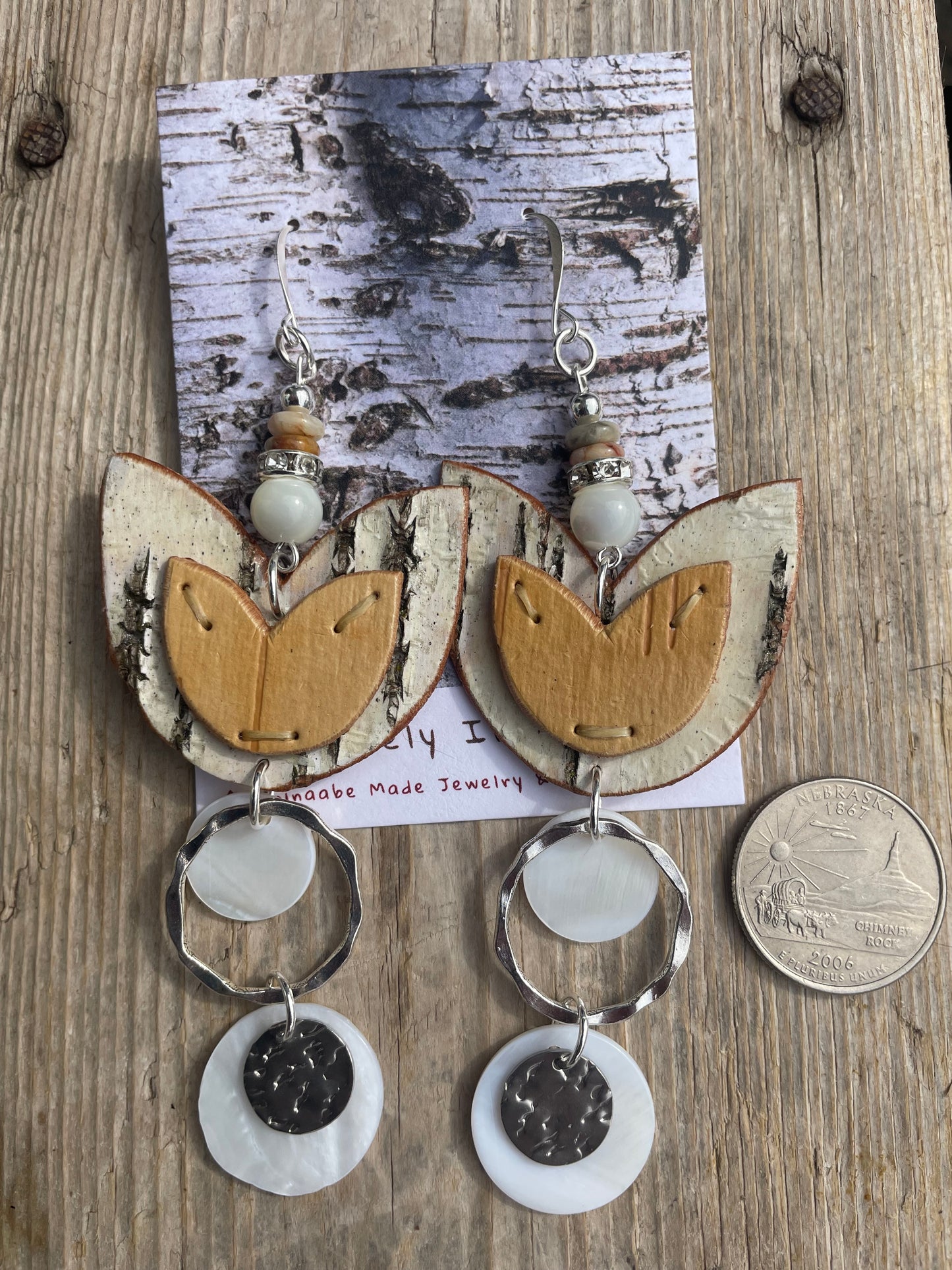 Birchbark Layered Floral Earrings with Mother of Pearl and Shell