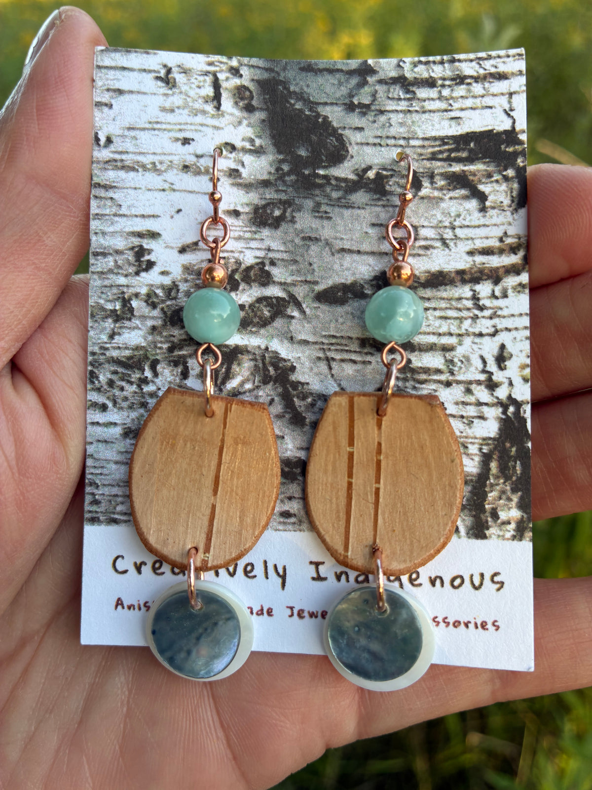 Birchbark Earrings with Shells and Stones