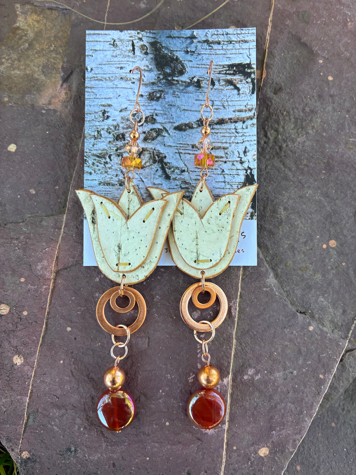Appliqué Birchbark Floral Earrings with Copper, Swarovski and Polished Agate