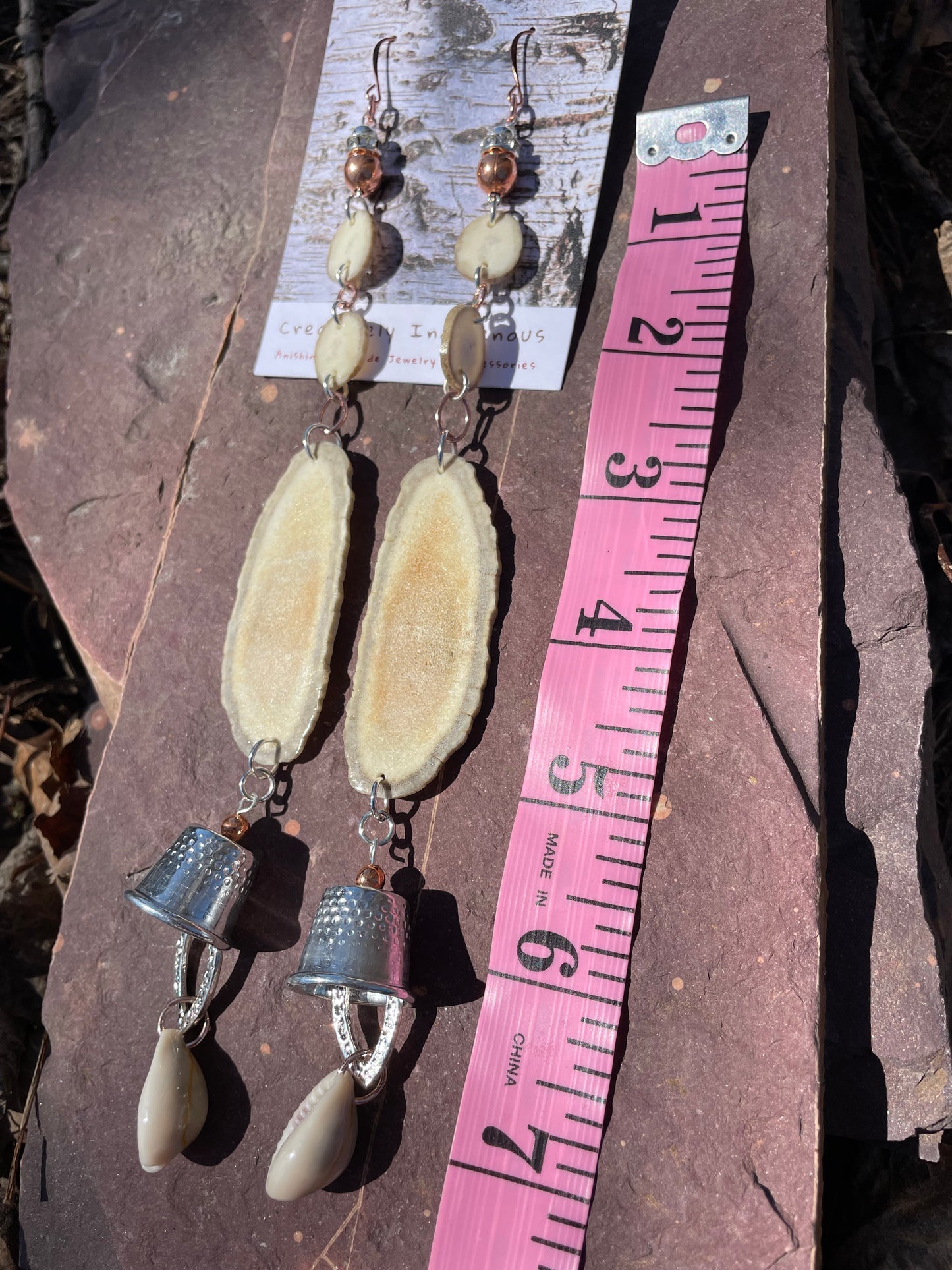 Waawaashkeshi Deer Antler Earrings with Grandmother Thimbles