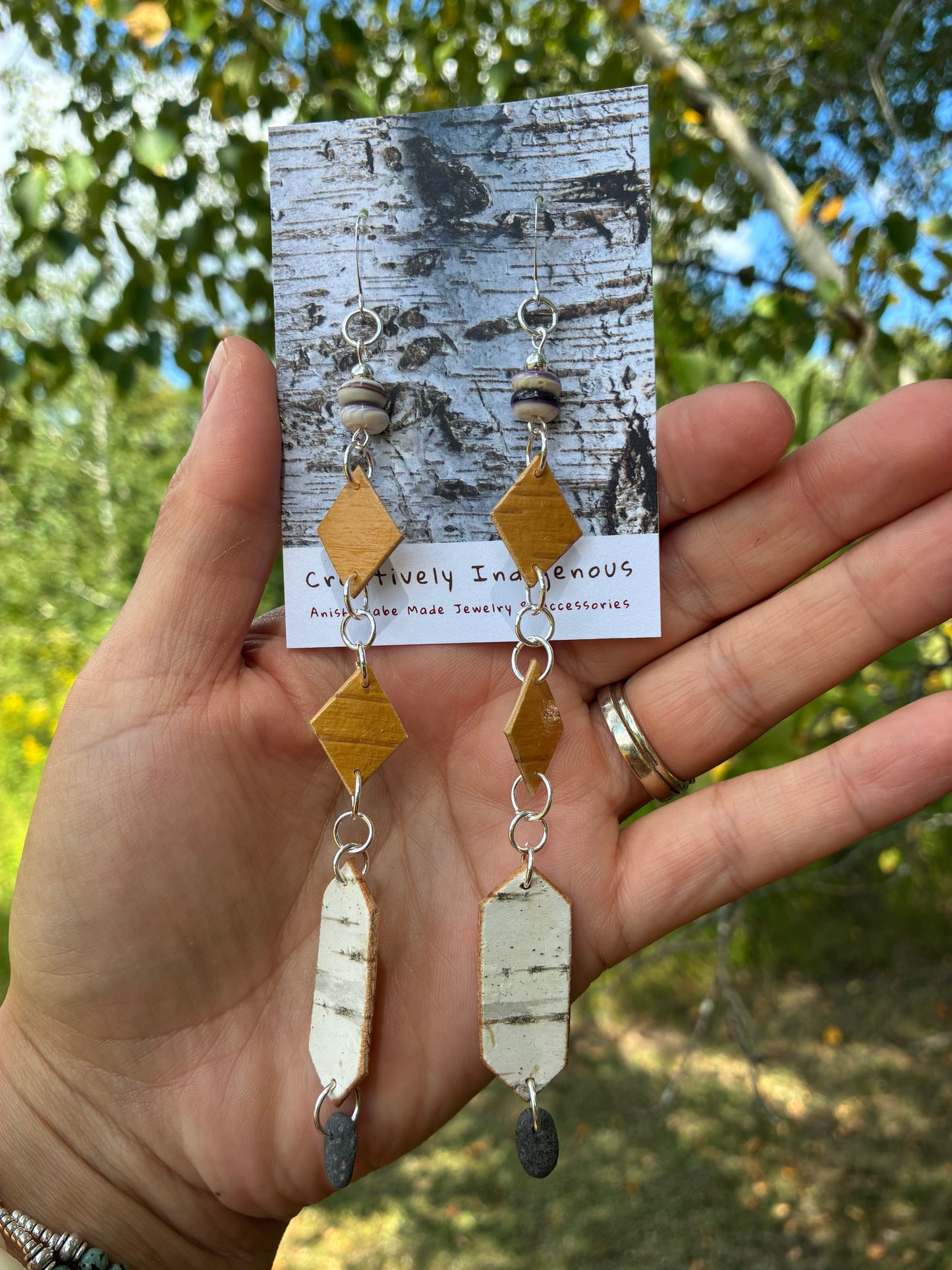 Nigig Otter Track Birchbark Earrings with Wampum and Basalt