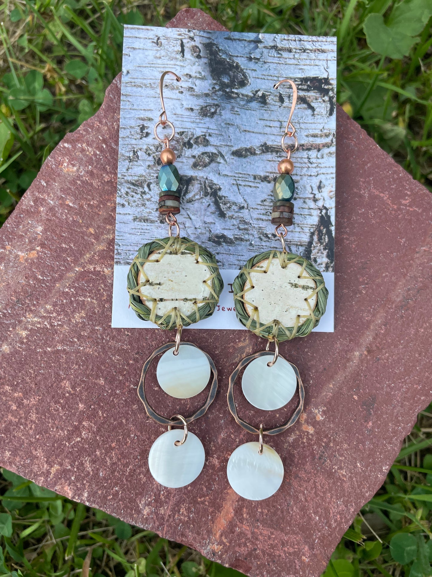 Wiigwaas and Wiingashk Birchbark and Braided Sweet Grass Earrings