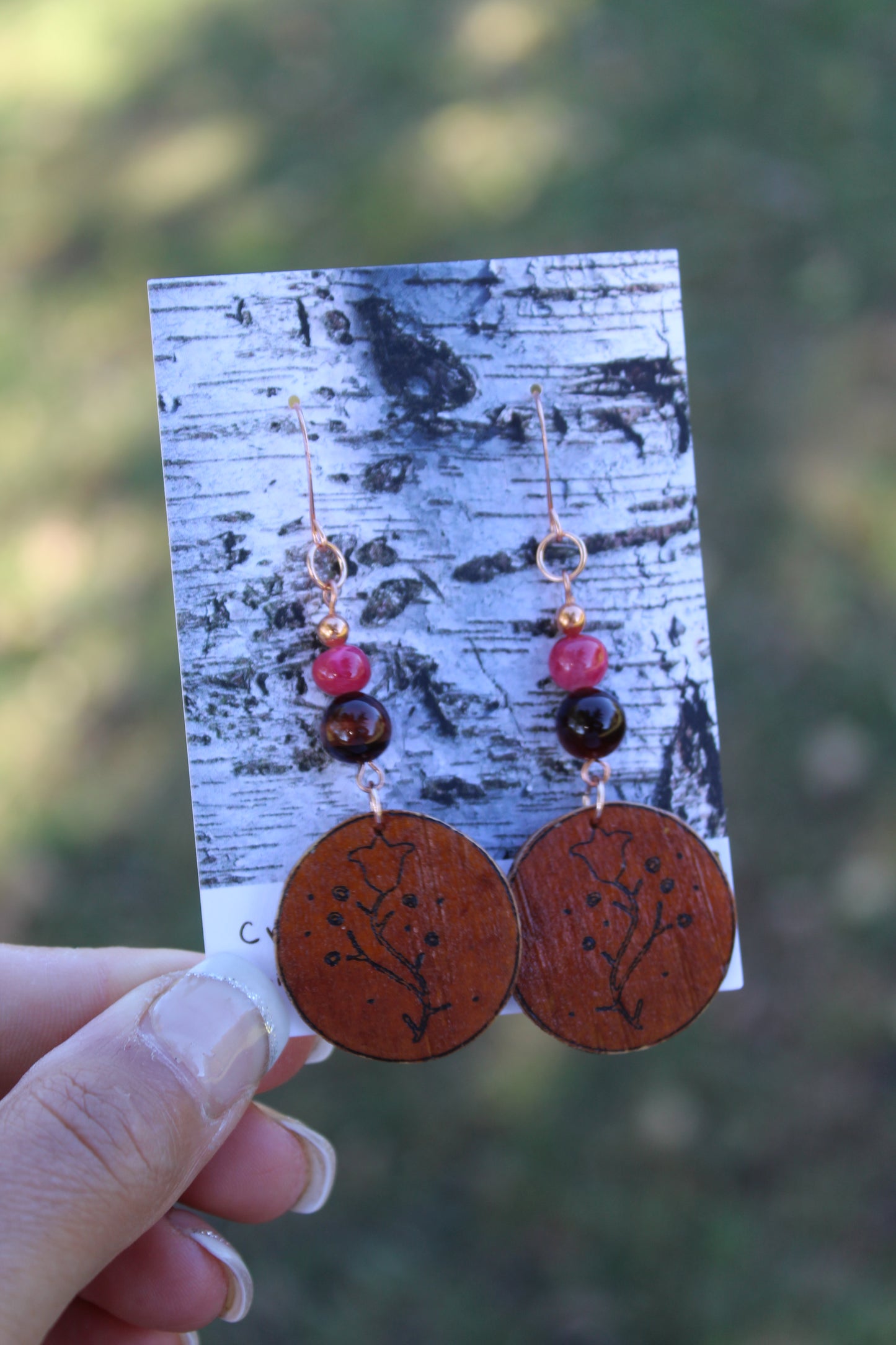 Birchbark, Red Tiger Eye, and Pink Mother of Pearl Earrings