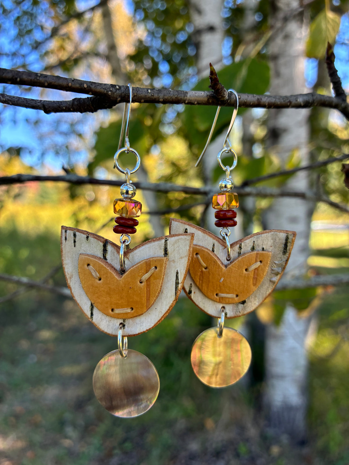 Birchbark Layered Floral Earrings with Mother of Pearl