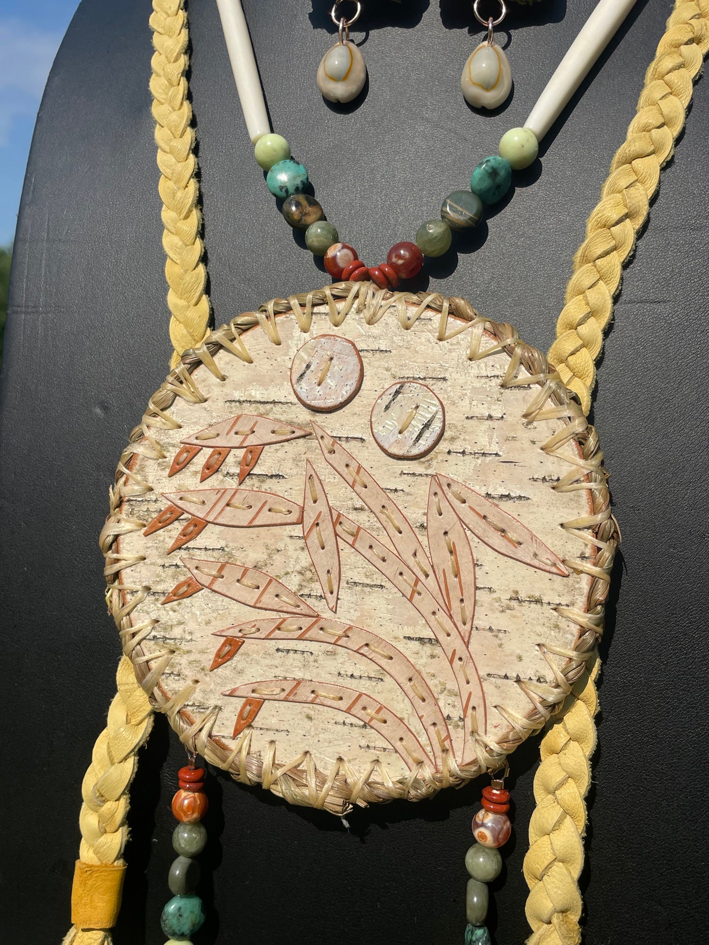 “Manoomin in the Storm” Wild Rice and Sweet Grass Birchbark Medallion and Otter Tracks Earrings