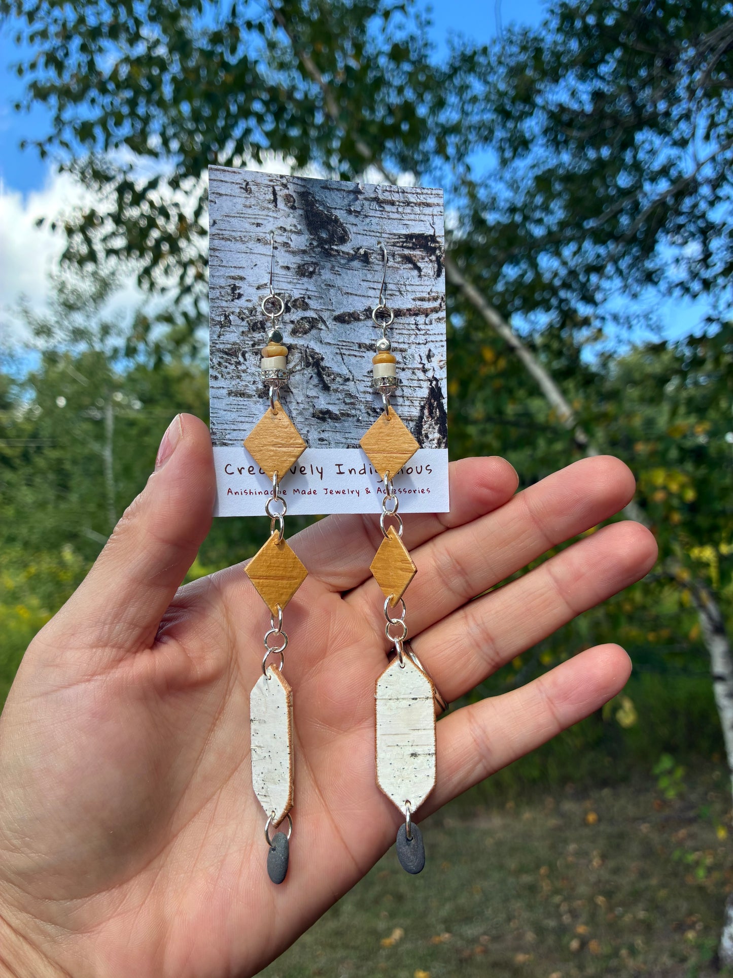 Nigig Otter Track Birchbark Earrings with Opal and Basalt