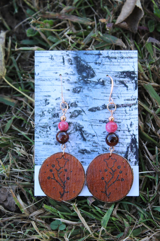 Birchbark, Red Tiger Eye, and Pink Mother of Pearl Earrings