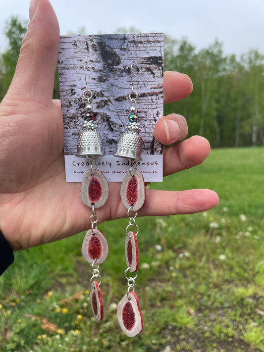 Waawaashkeshi Deer Antler Earrings with Grandmother Thimbles