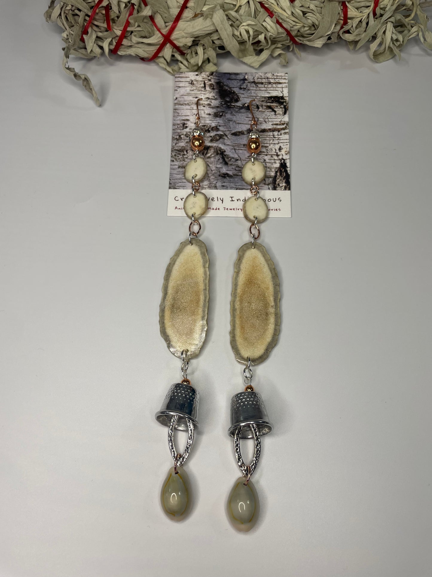 Waawaashkeshi Deer Antler Earrings with Grandmother Thimbles