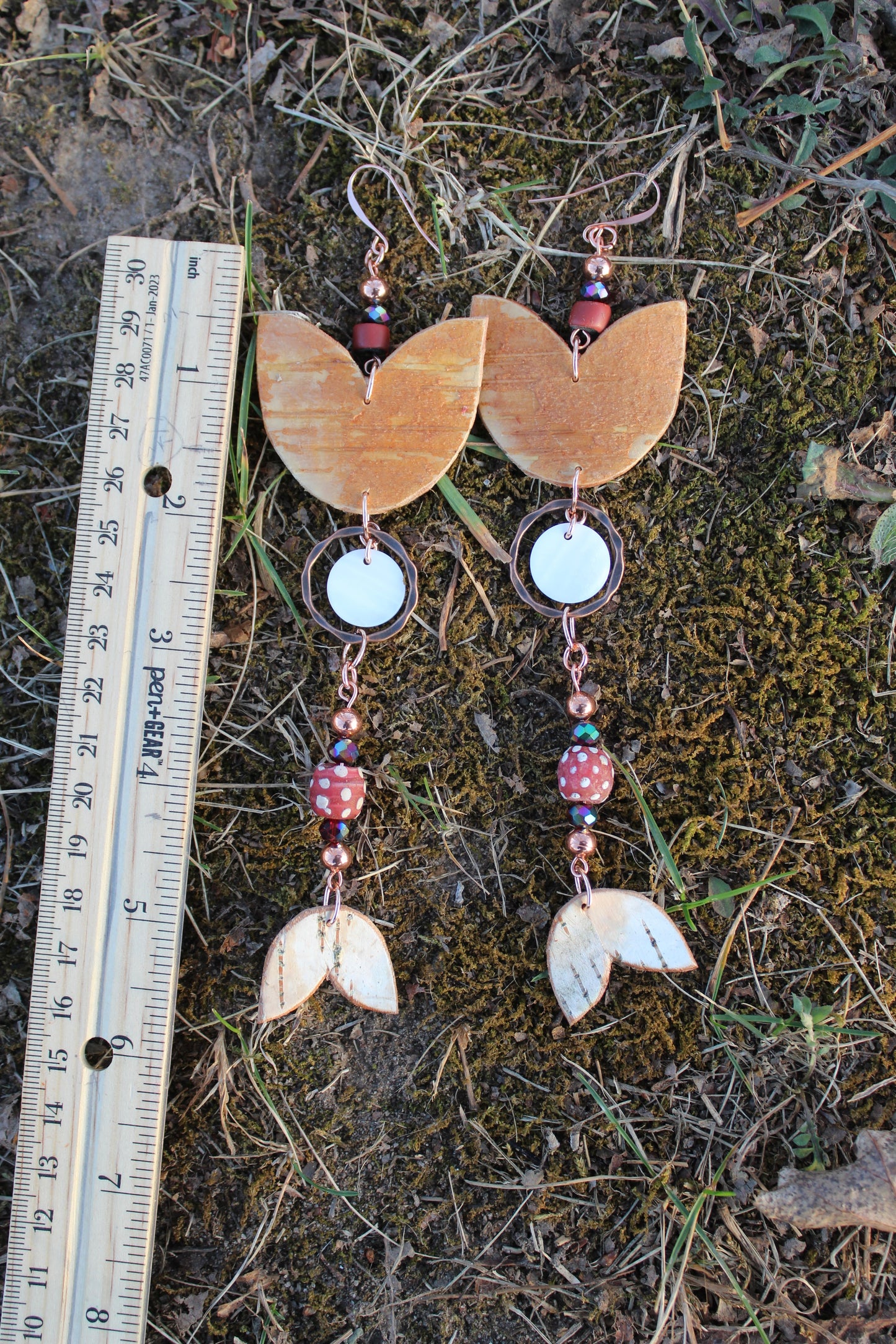 Antique Red Skunk and Green Heart Trade Beads with Shell and Birchbark Earrings