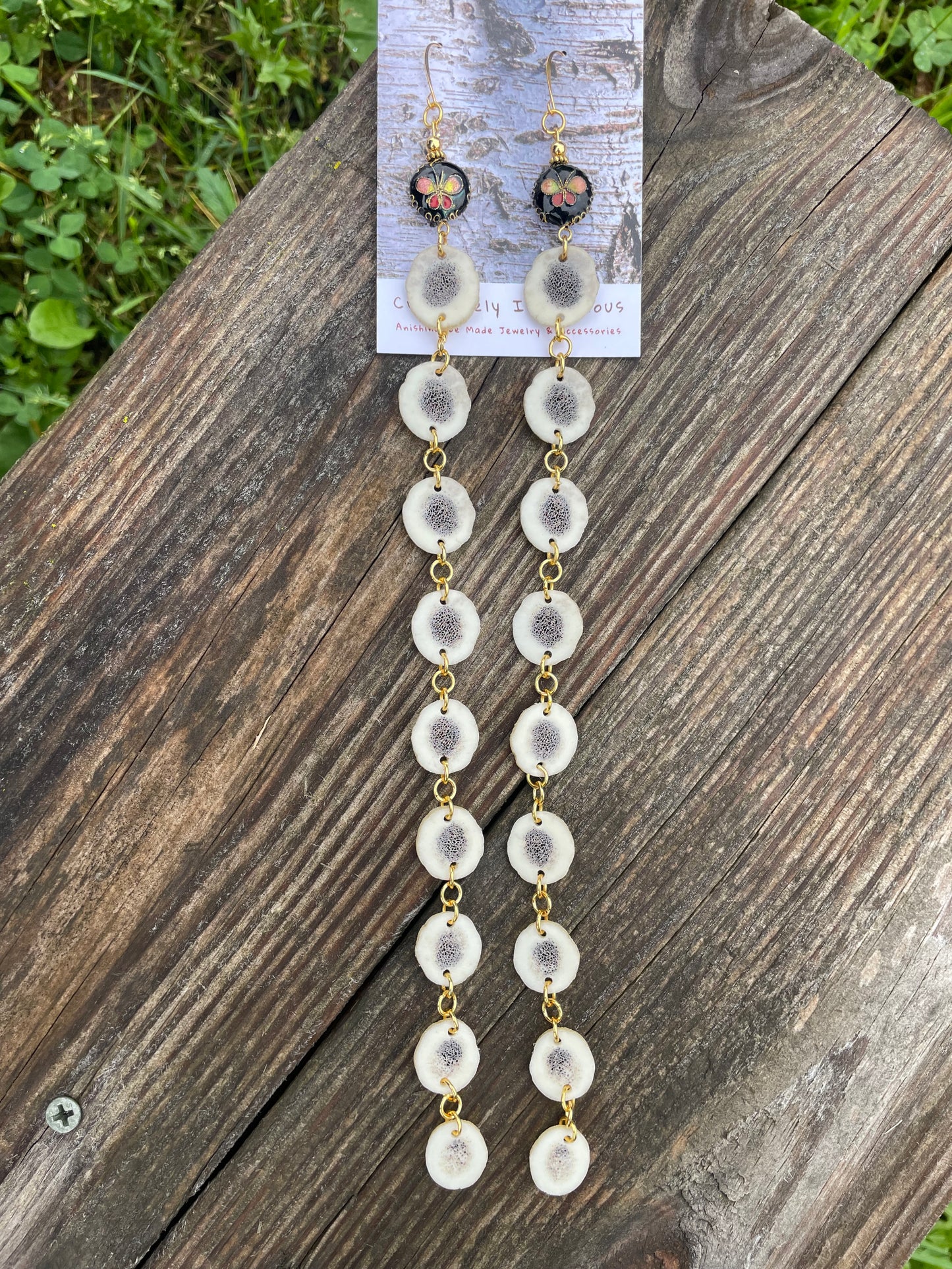 Omashkooz Elk Antler Earrings with Cloisonné Butterfly Beads
