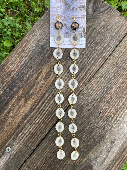 Omashkooz Elk Antler Earrings with Cloisonné Butterfly Beads