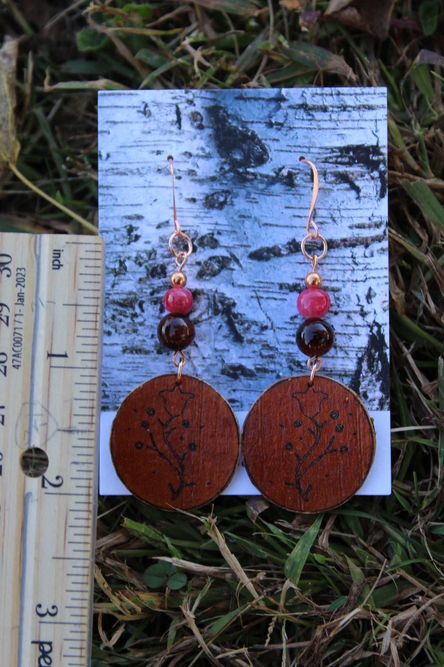 Birchbark, Red Tiger Eye, and Pink Mother of Pearl Earrings