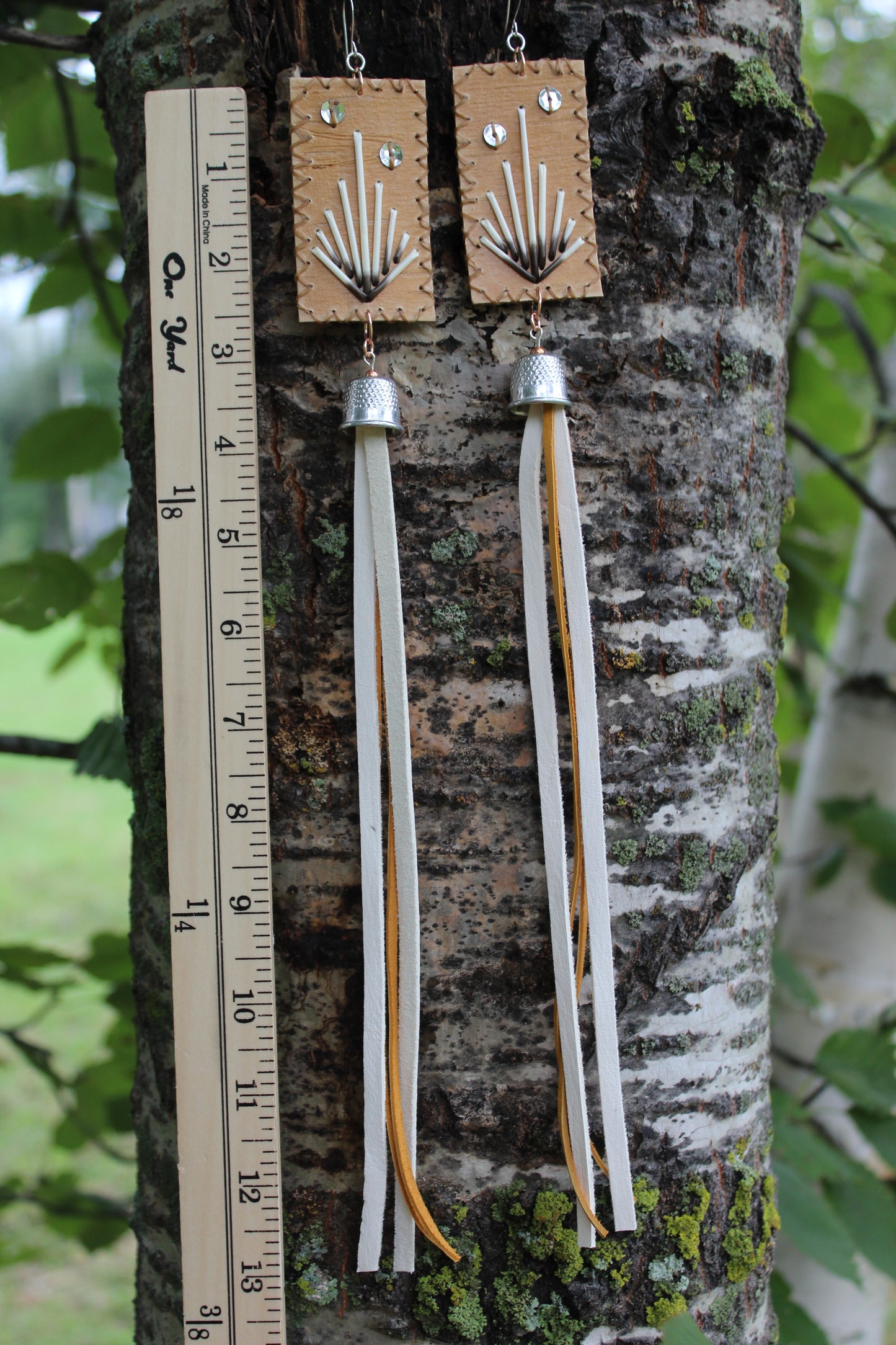Anang Bangishin “Shooting Star”Birchbark, Deerskin Lace, and Porcupine Quill Earrings