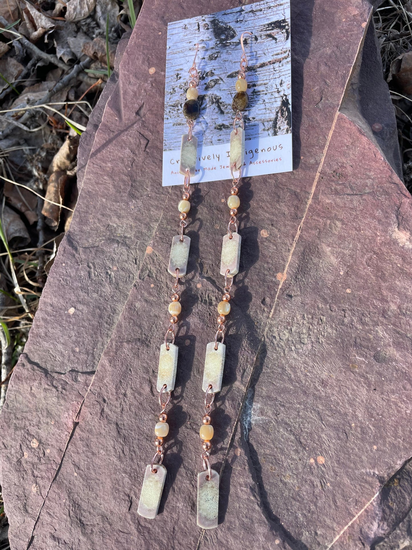 Waawaashkeshi Deer Antler Earrings with Green Garnet and Mother of Pearl