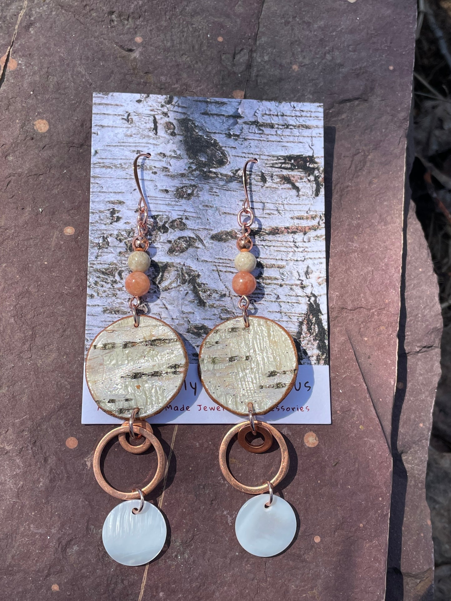 Birchbark Earrings with Orange Calcite and Copper
