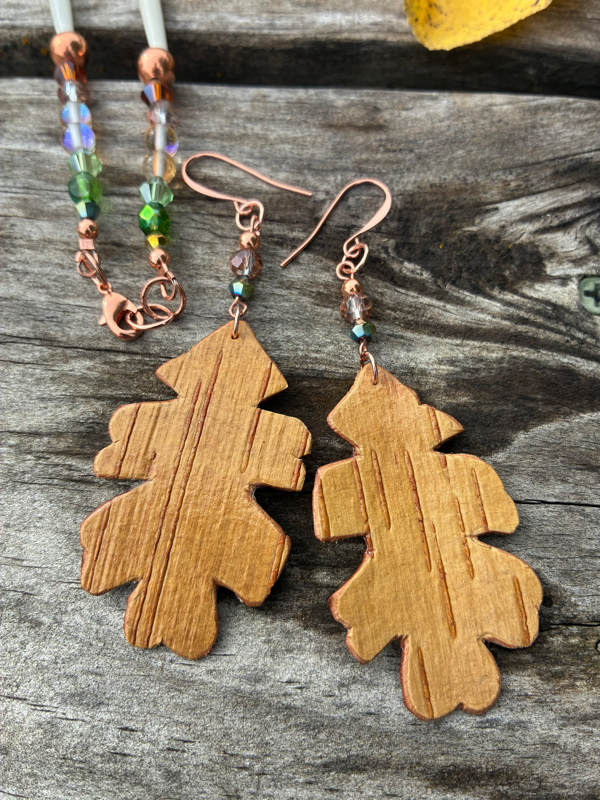 Birchbark Oak Leaf and Unakite Bone Necklace