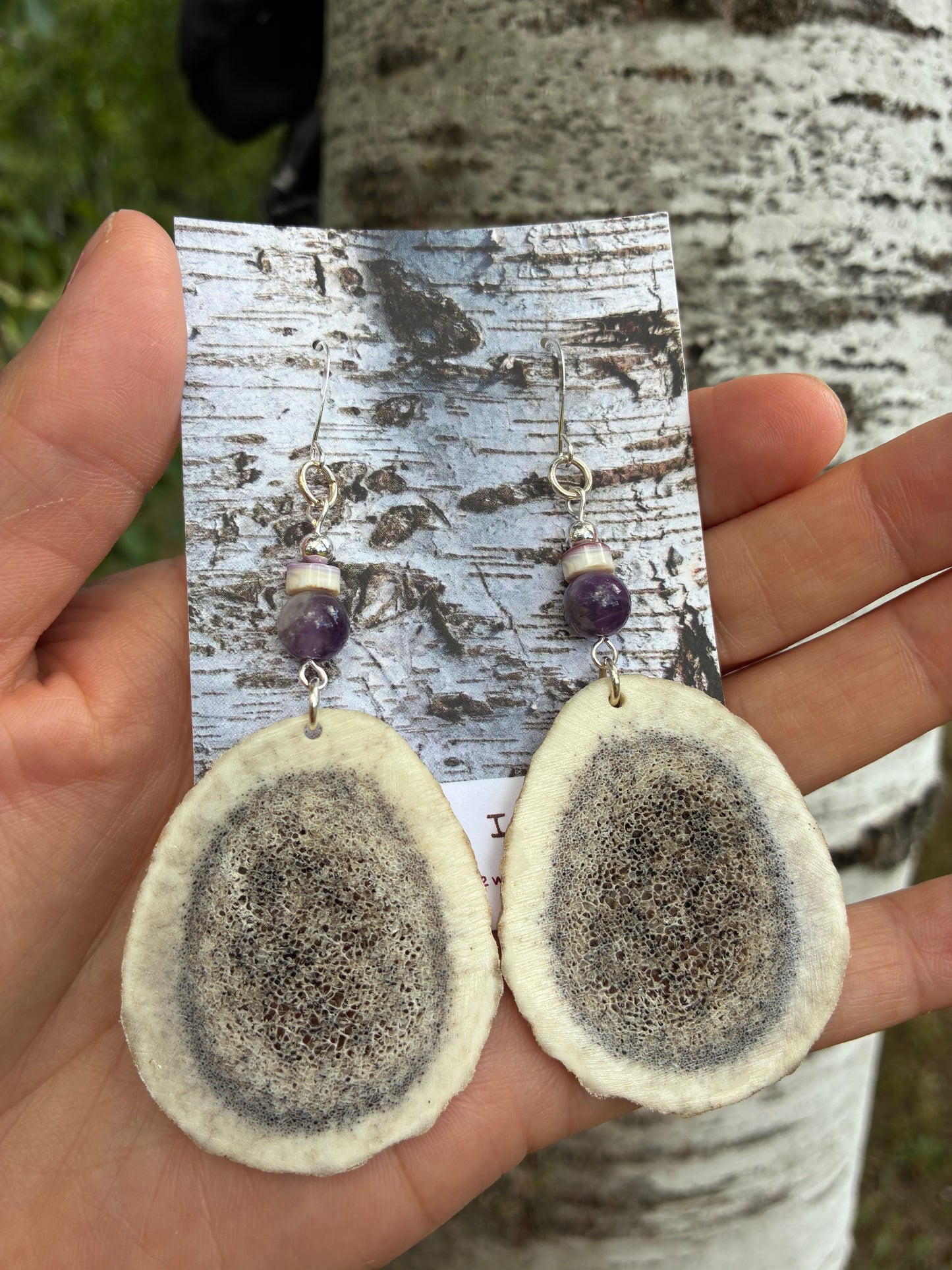 Omashkooz Elk Antler Earrings with Wampum and Amethyst