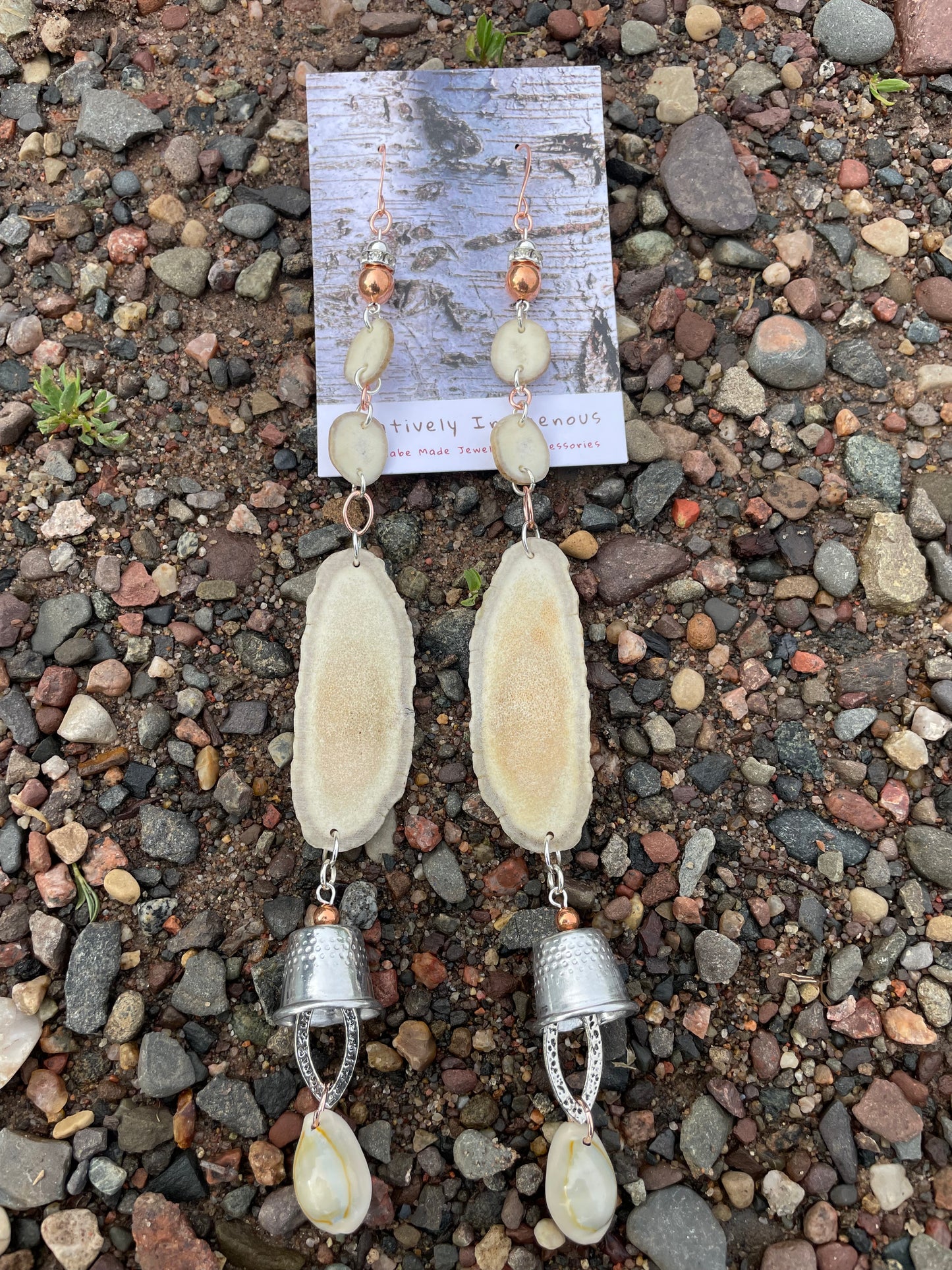 Waawaashkeshi Deer Antler Earrings with Grandmother Thimbles