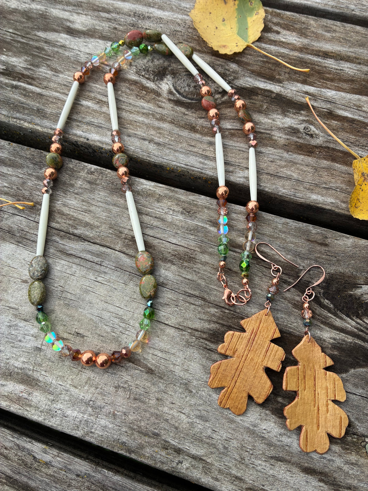 Birchbark Oak Leaf and Unakite Bone Necklace