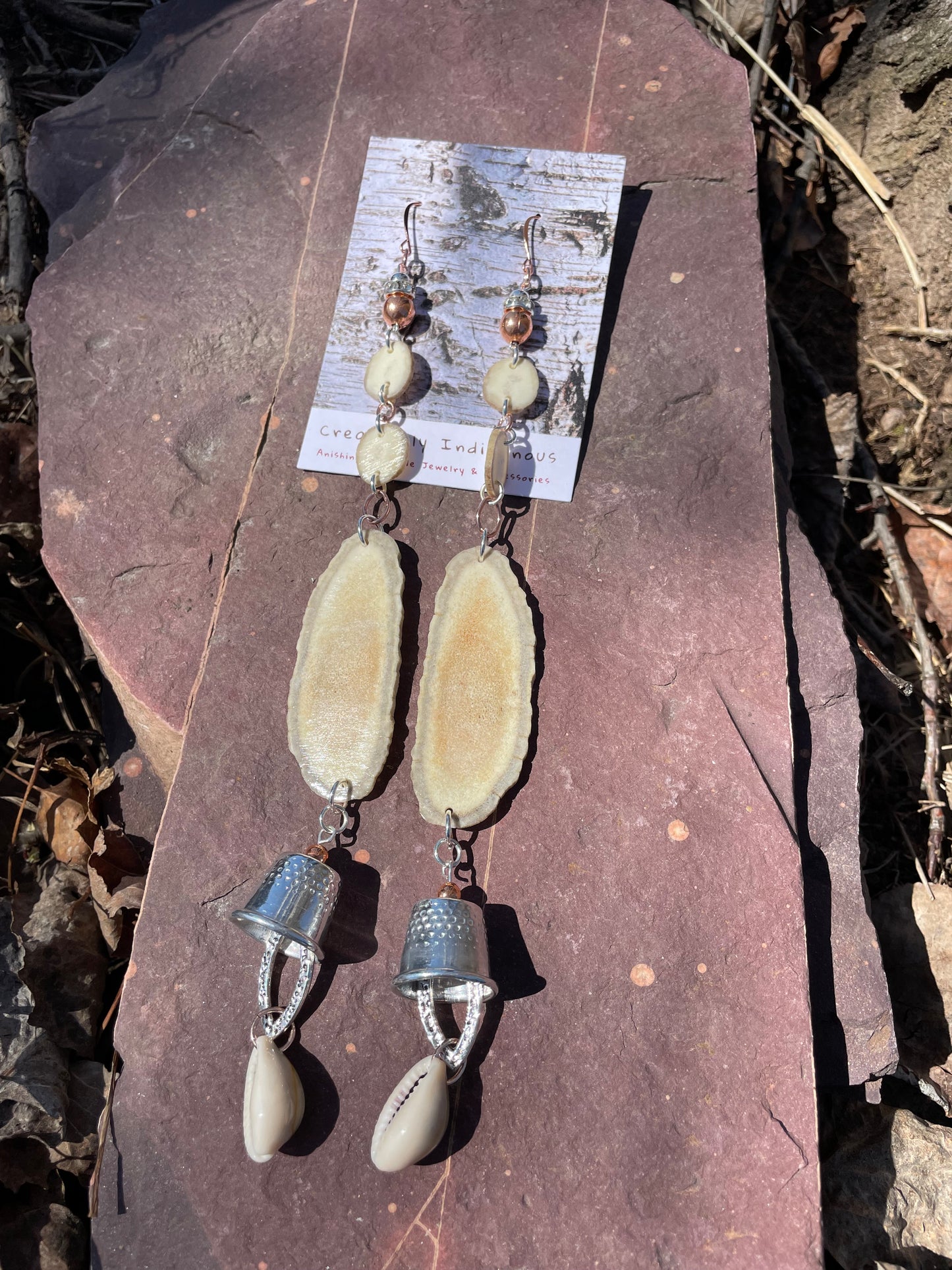 Waawaashkeshi Deer Antler Earrings with Grandmother Thimbles
