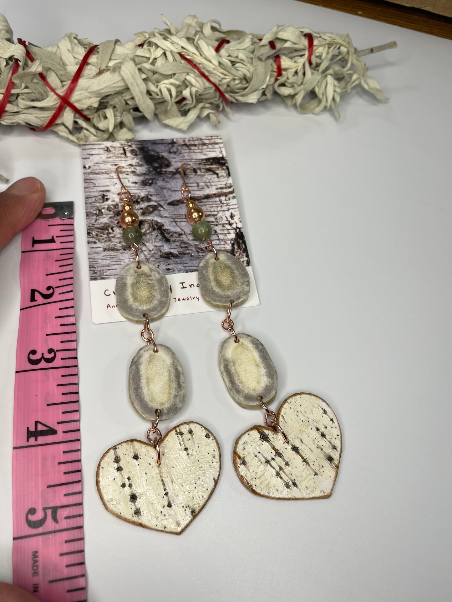 Waawaashkeshi Deer Antler Earrings with Birchbark Hearts