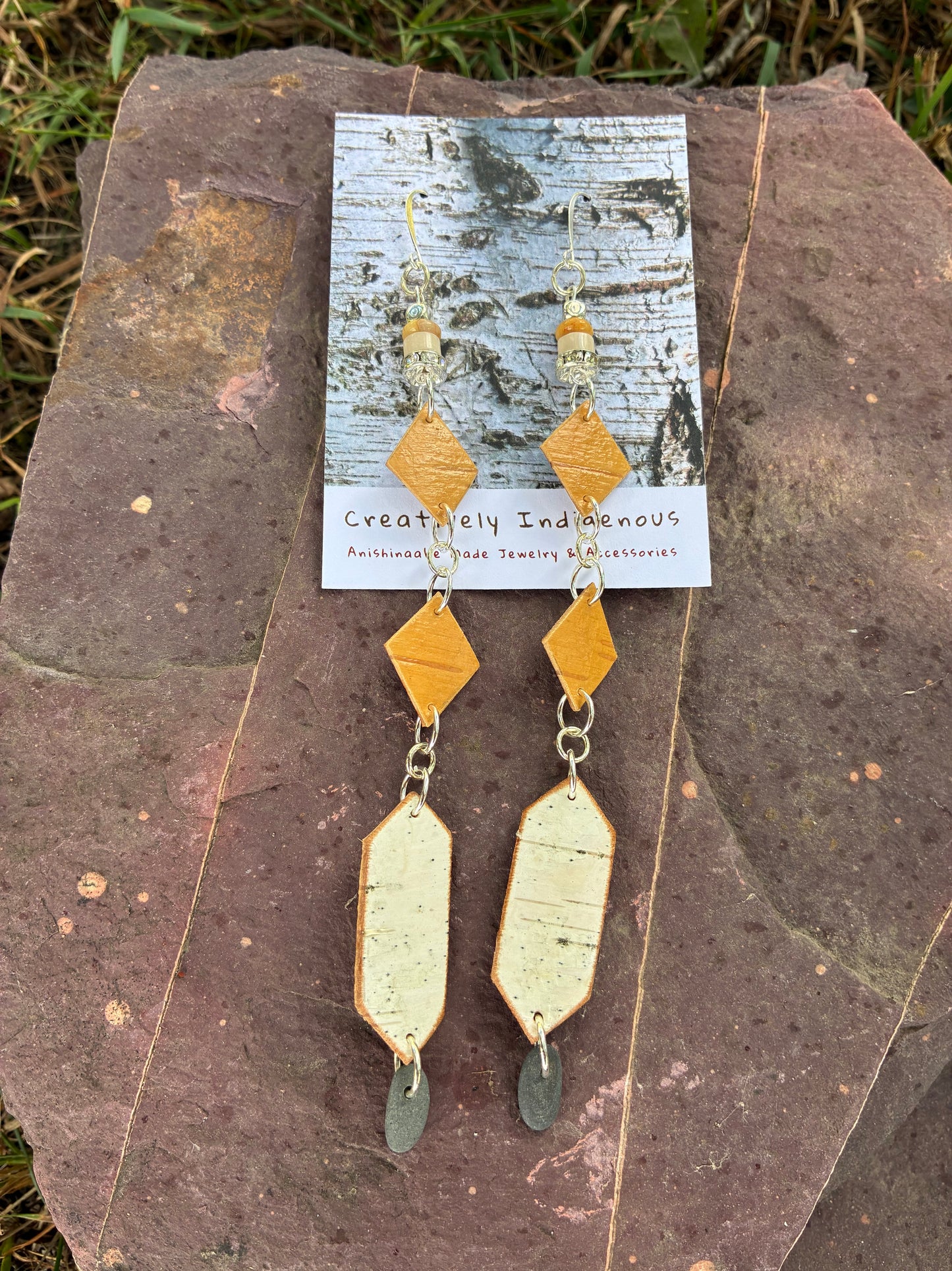 Nigig Otter Track Birchbark Earrings with Opal and Basalt
